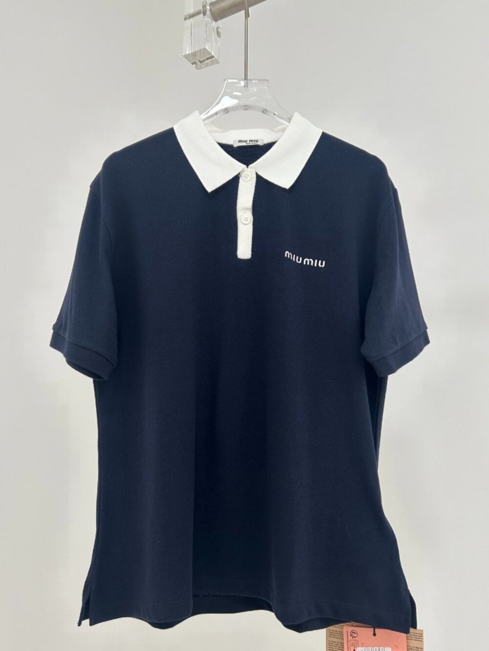 Miu Miu Women's Short-Sleeve Polo Shirt — Navy Blue, Contrasting Collar with Emb